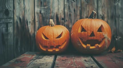 Obraz premium Concept of Halloween day with pumpkins on a wood backdrop Toned image