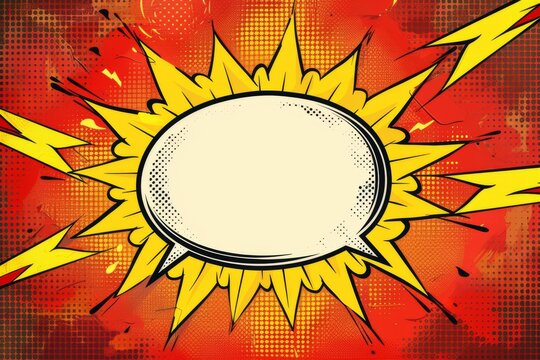 Dynamic comic book style explosion with blank speech bubble on a vibrant red background