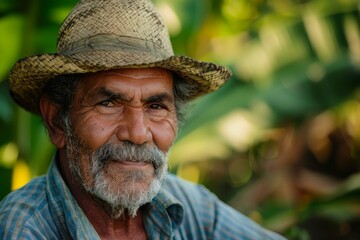 Fototapeta premium Closeup of a cheerful aged man with a straw hat in a lush green setting