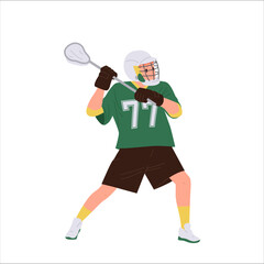Lacrosse gamer cartoon character with stick standing in protective position ready to catch ball