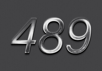 Chrome metal 3D number design of 489 on grey background.