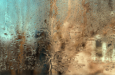 water droplets on the fogged glass.