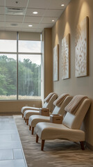 Fototapeta premium Modern clinic lobby area, contemporary waiting room with comfortable furniture