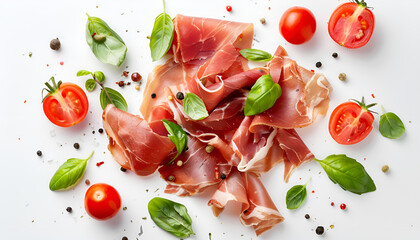 Italian prosciutto crudo or spanish jamon with basil leaf ans slices of tomato. Raw ham isolated on white background with full depth of field. Top view. Flat lay