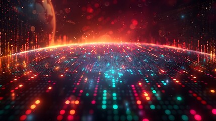 Futuristic abstract stocks marketing and technology background featuring an array of colorful lights symbolizing worldwide networks and digital advancement.