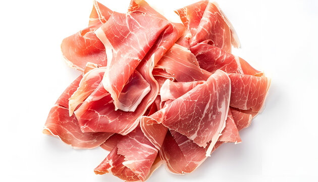 Italian prosciutto crudo or spanish jamon with basil leaf ans slices of tomato. Raw ham isolated on white background with full depth of field. Top view. Flat lay