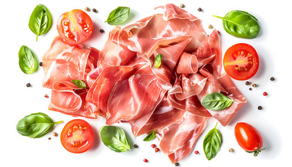Italian prosciutto crudo or spanish jamon with basil leaf ans slices of tomato. Raw ham isolated on white background with full depth of field. Top view. Flat lay