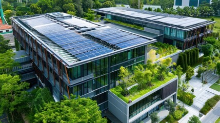 Modern Sustainable Building with Solar Panels and Green Roof