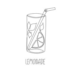 Glass of citrus Lemonade continuous line drawn. Summer refreshing drink. Abstract food black and white illustration. Doodle sketch Fruit cocktail, mojito