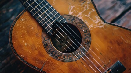 Close up photo of traditional acoustic guitar