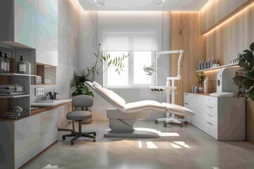 A modern clinic office with a treatment table and a rolling chair