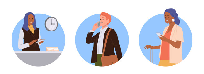 Isolated set of round icon composition set with receptionist and hotel visitors cartoon characters