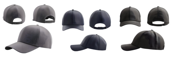 Modern baseball cap collection in grayscale, isolated on a white background, png