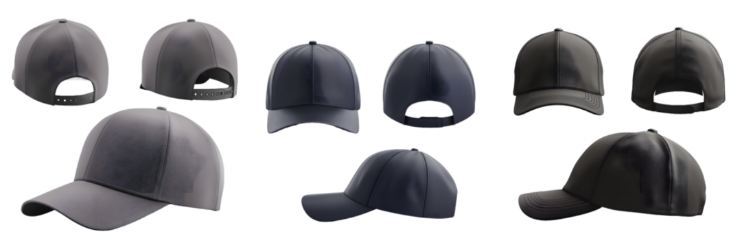Modern baseball cap collection in grayscale, isolated on a white background, png