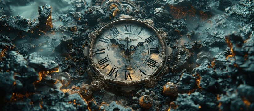 An ancient clock disintegrating into pieces, symbolizing the end of time and AI's next era, detailed broken gears and cracked faces, high-definition, cinematic style, dramatic lighting
