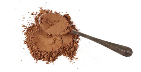 Pile cocoa powder in metal spoon isolated on white background