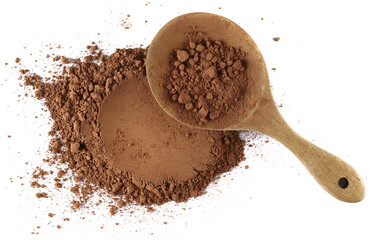 Pile cocoa powder in wooden spoon isolated on white background	