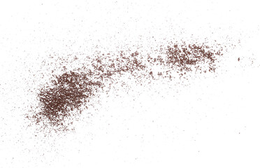 Milled coffee powder scattered, isolated on white, top view