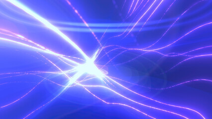 Blue glowing energy waves from small particles and lines abstract background