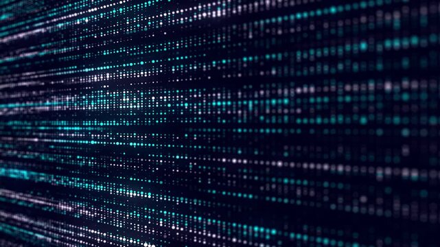 Futuristic blue dots background. Abstract glitch background. Corrupted binary code. Technology of many glowing particles. Artificial intelligence. Big data visualization. 3d rendering.