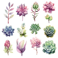 Fototapeta premium Set of twelve watercolor succulent illustrations in various colors and styles against a white background.