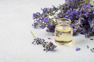 Lavender, natural essential oil in a bottle with a bunch of fresh lavender. Horizontal, free copy space.