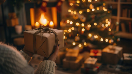 Weihnachtsgeschenk. Kamin mit Weihnachtlicher Stimmung. Adventszeit. Geschenk erhalten. Geschenk geben.