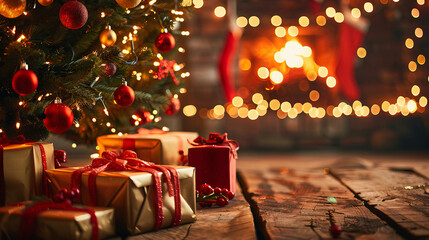 Weihnachtsgeschenk. Kamin mit Weihnachtlicher Stimmung. Adventszeit. Geschenk erhalten. Geschenk geben.