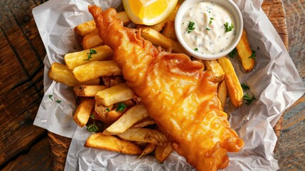 Crispy Fish and Chips with Lemon and Sauce
