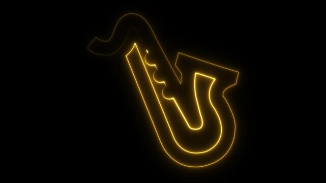Neon saxophone. Line art. Glowing neon line. Musical instrument. Isolated on black background. Sax Music. Concert and bar animation.  Party. Saxophone player. Brass instrument. Sax music. Music art.

