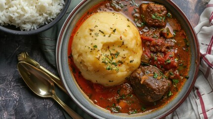 Beef Stew with Dumplings and Rice