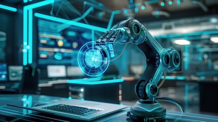Fototapeta premium Futuristic Robotic Arm Interacting with Digital Interface in a Modern Tech Lab