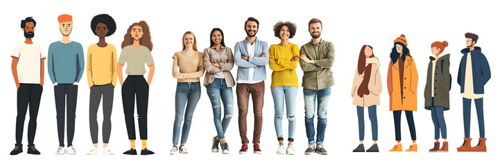 Obraz premium Diverse group of people standing in a row, isolated on a white background, png