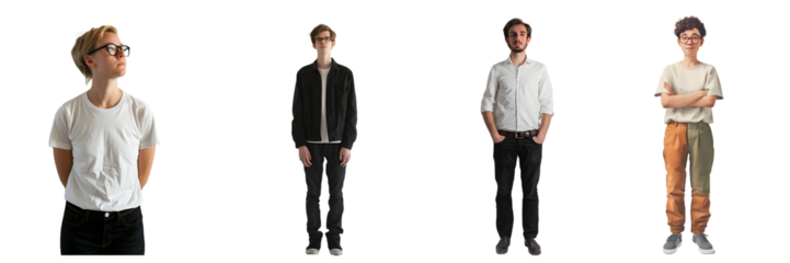 Realistic figures of young adults in casual attire, isolated on a white background, png