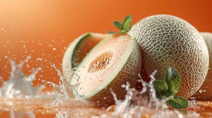 Close-up of a whole melon and a slice with a mint leaf surrounded by water droplets on an orange background, emphasizing vibrant color and freshness.