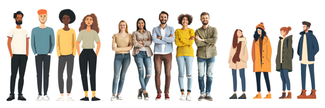 Diverse group of people standing in a row, isolated on a white background, png