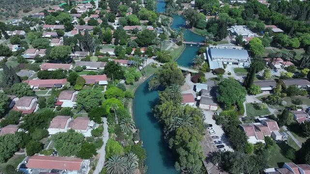Aerial view flyover kibbutz Nir David, North of Israel