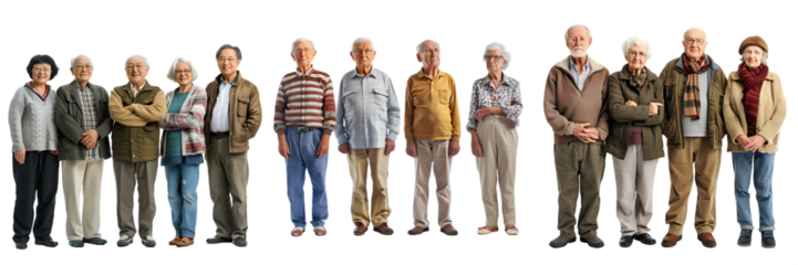 Lineup of ten individuals in diverse clothing styles with faces obscured isolated on a white background, png