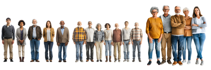 Group of diverse individuals standing side by side with faces obscured isolated on a white background, png