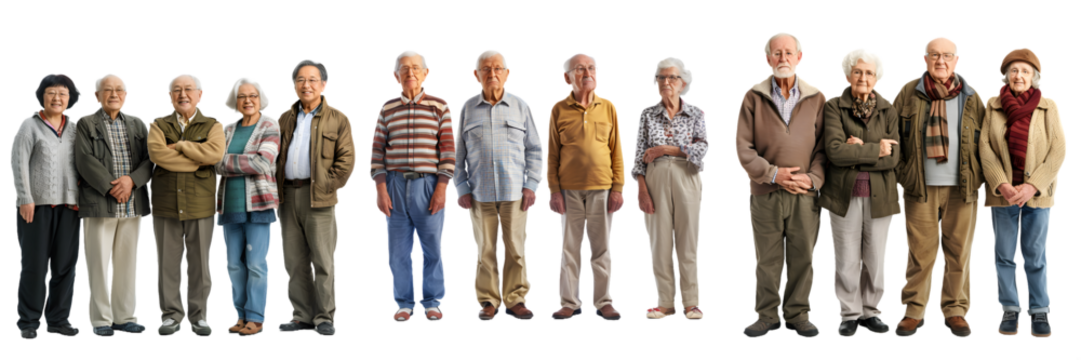 Lineup of ten individuals in diverse clothing styles with faces obscured isolated on a white background, png