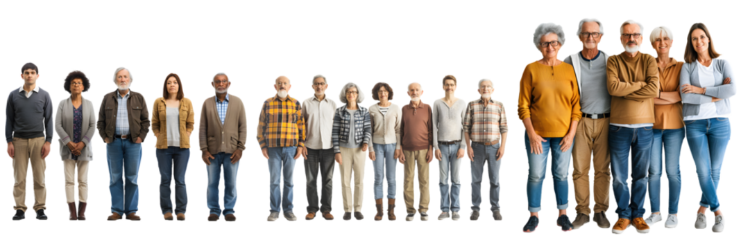 Group of diverse individuals standing side by side with faces obscured isolated on a white background, png