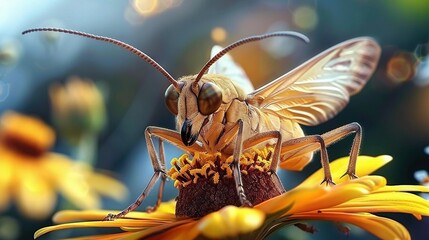 Naklejka premium A macro shot of a bee on a yellow flower, with yellow flower details in the foreground and background