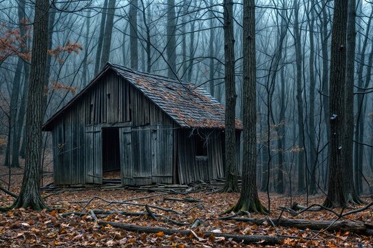 A decrepit rural cottage with a creepy atmosphere, enveloped by fog, bare trees, and scattered fallen leaves, forming a haunting, otherworldly landscape.
