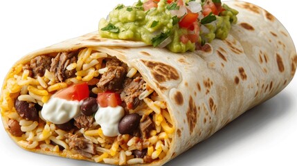 Delicious Burrito with Beef, Rice, Beans, and Guacamole