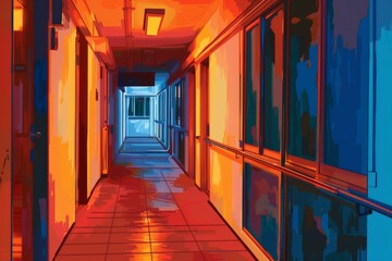Digital illustration of an empty hallway with vivid red and blue lighting