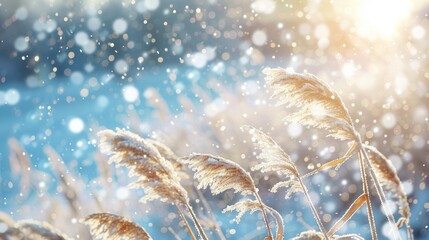 Snow covered dried grasses swaying in the wind with sunlight and snowflakes space for text