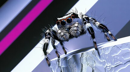 Obraz premium A close-up shot of a spider perched on a wall with a vibrant purple-black stripe in the background and a monochrome black-white stripe behind it