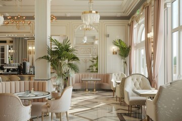 A stylish cafe interior with white upholstery, large windows, and elegant decor