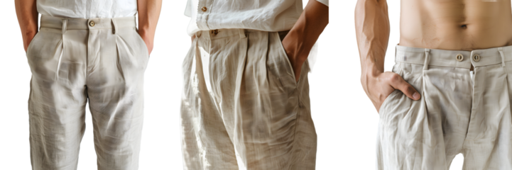 Three stylish men wearing beige pant with hands in pocket isolated on a white background, png