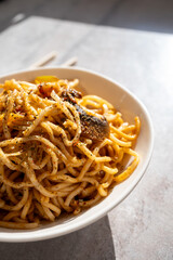 noodles with mushrooms and soy sauce close-up